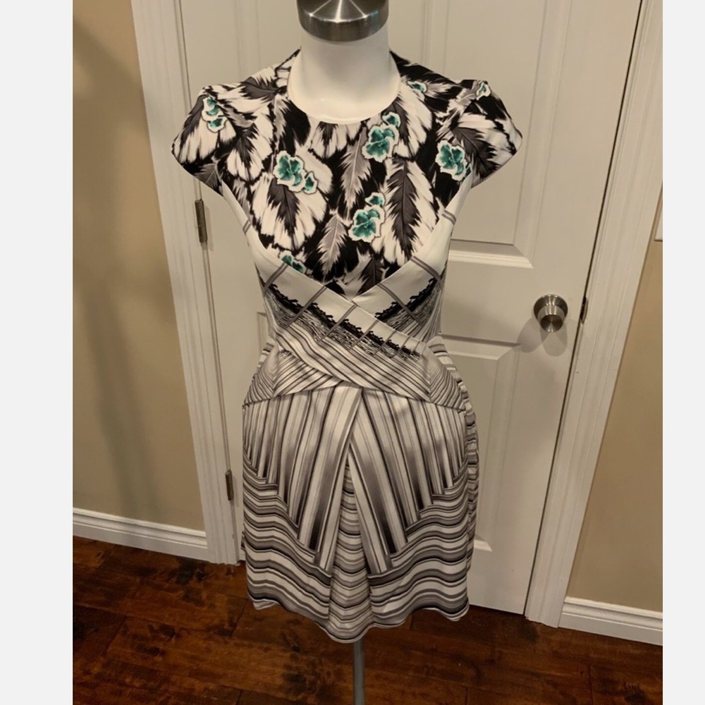 🔥 peter Pilotto Black and White Patterned Dress with Teal Accents us 8